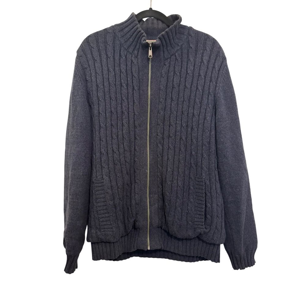 Boston Traders Luxury Vintage Mens Size L Cable Knit Full Zip Sweater Gray Cotto
